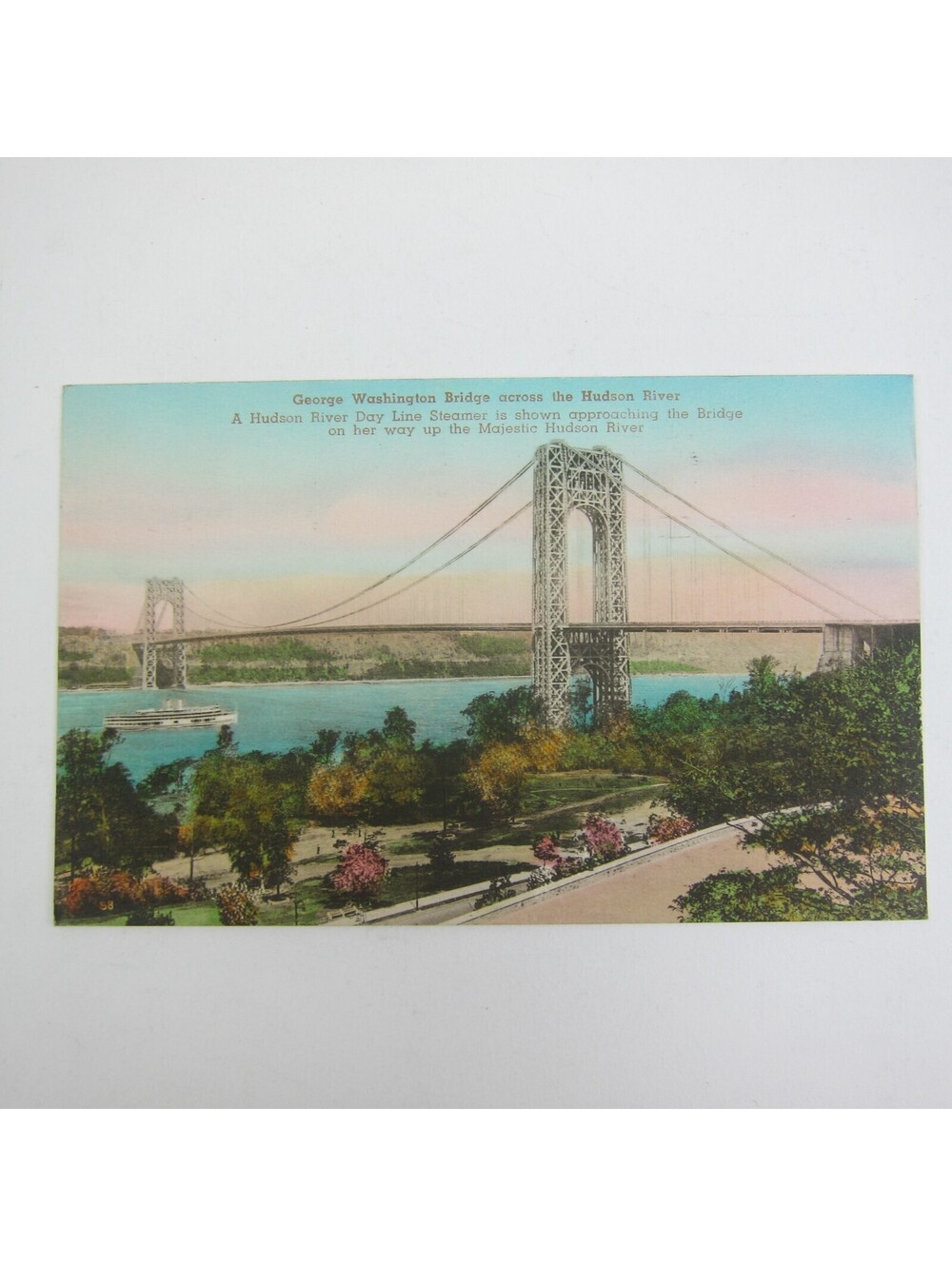 Postcard New York City George Washington Bridge Hudson River Steamer Vintage '39